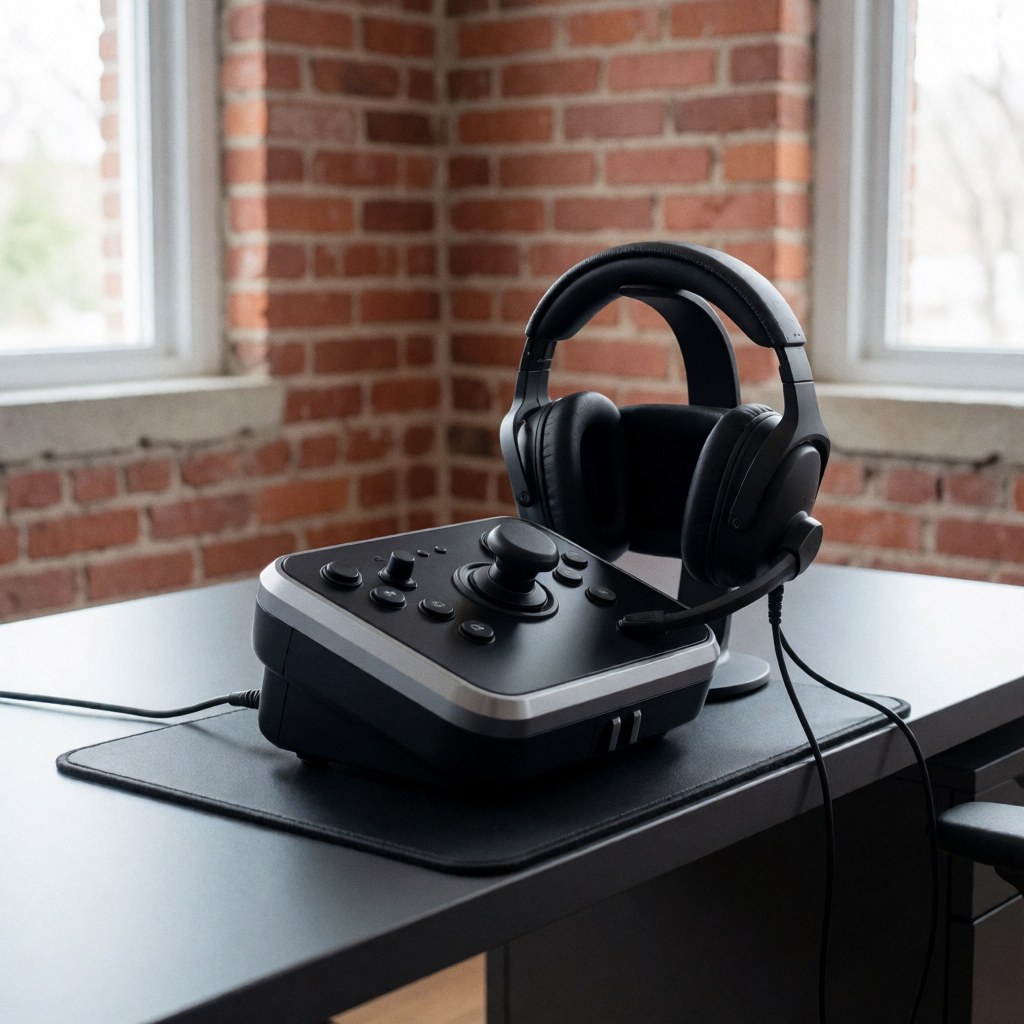 Un simulateur de conduite moderne avec casque audio posé sur un bureau dans un environnement professionnel.