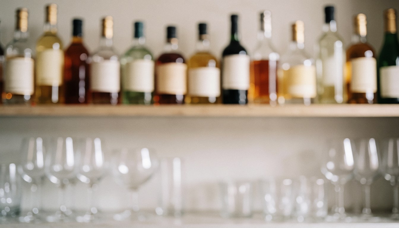 Arrière-plan flou d'une étagère de bar contenant des bouteilles de spiritueux et des verres à vin, aux tons chauds et neutres, idéal pour le marketing de la coctellerie.