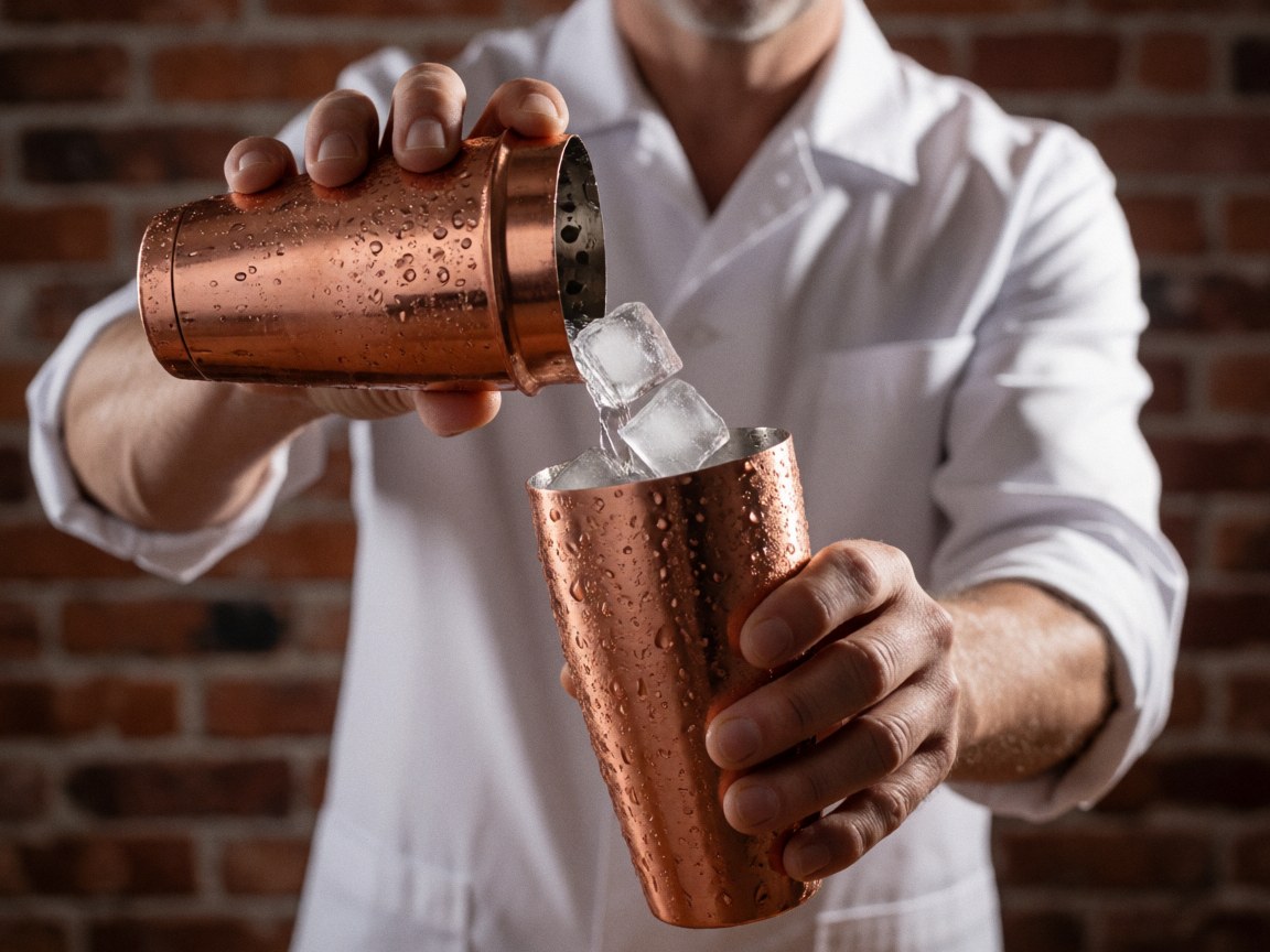 Un barman en chemise blanche verse des cubes de glace dans un shaker en cuivre parsemé de gouttes d'eau, sur un fond de mur en briques rouges éclairé de manière dramatique.