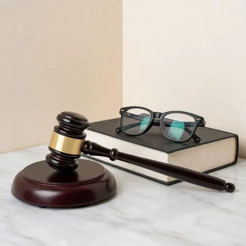 Un marteau de justice, un livre et des lunettes posés sur une surface en marbre brillant devant un mur beige, symbolisant la justice légale.