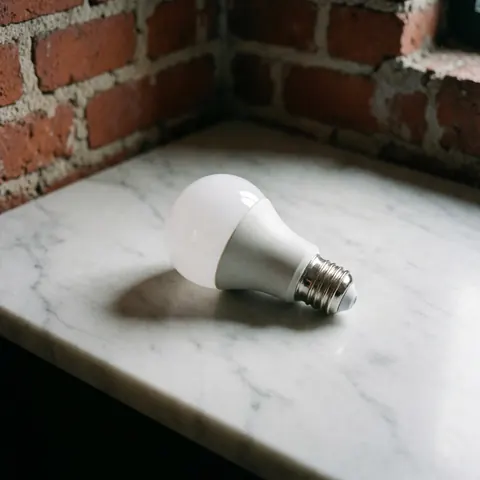 Une ampoule LED contemporaine posée sur une surface en marbre blanc poli avec un mur de briques rouges en arrière-plan, illustrant l'éclairage intérieur et le design moderne.