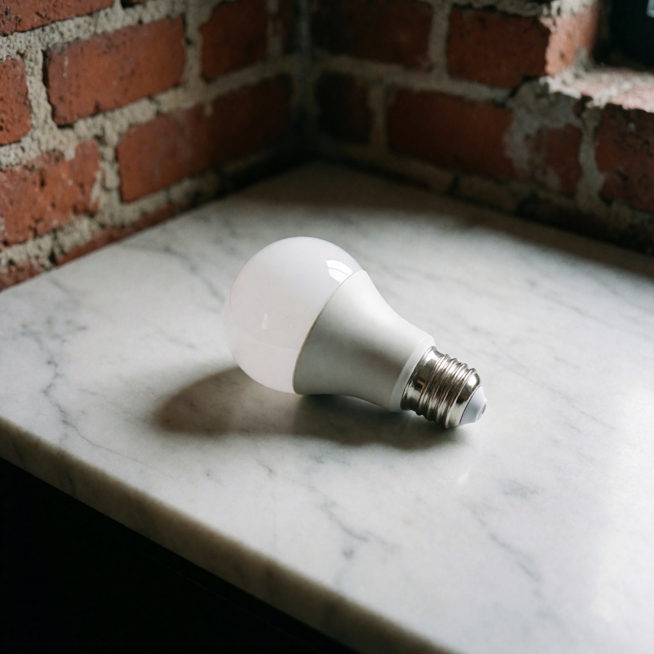 Une ampoule LED contemporaine posée sur une surface en marbre blanc poli avec un mur de briques rouges en arrière-plan, illustrant l'éclairage intérieur et le design moderne.