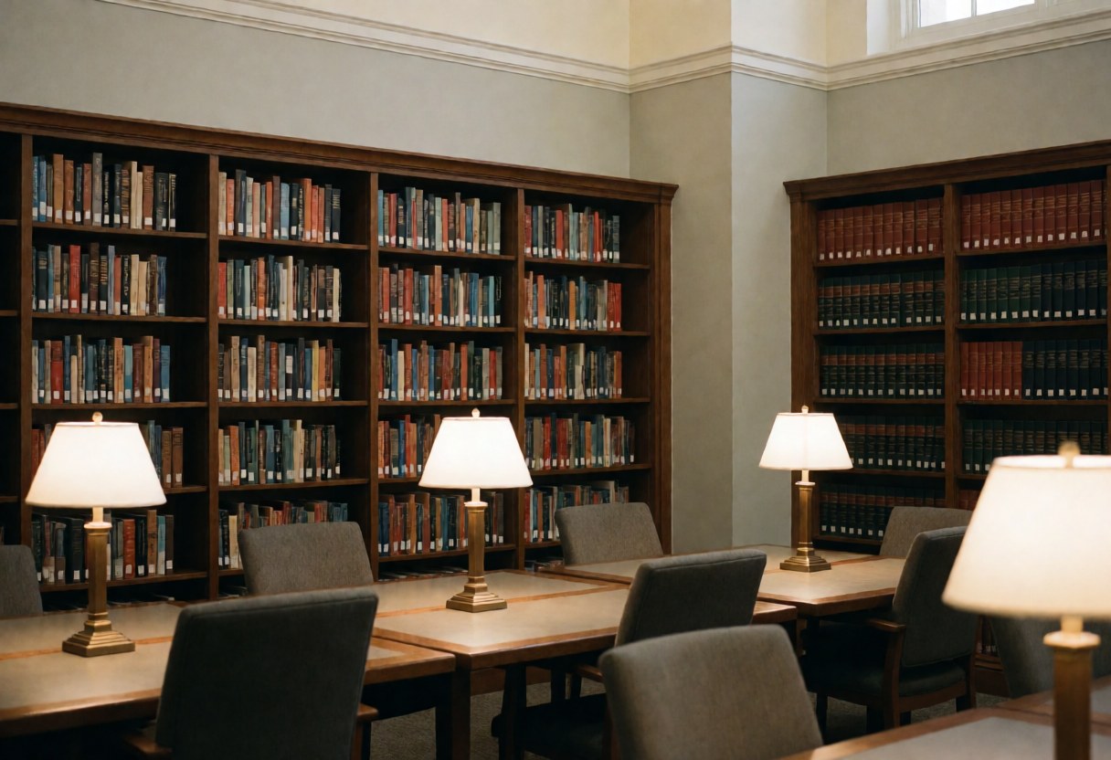Intérieur d'une bibliothèque juridique calme comportant des étagères remplies de livres, des tables en bois, des lampes et des chaises dans un environnement professionnel.