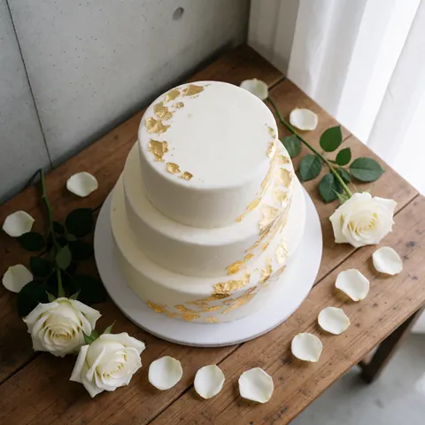 Gâteau de mariage à trois étages en fondant blanc avec détails dorés, entouré de roses blanches et pétales sur une table en bois rustique.