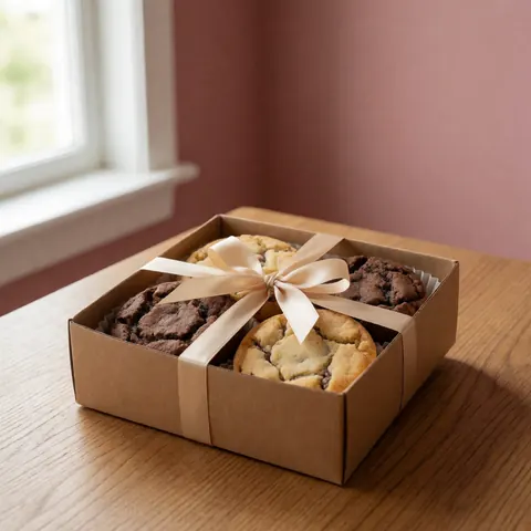 Une boîte de biscuits gourmet ornée d'un ruban beige posée sur une table en bois baignée de lumière naturelle, devant un mur rose.