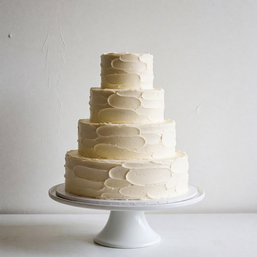 Un gâteau de mariage blanc minimaliste posé sur un piédestal, avec une texture de glaçage visible, sur fond blanc uni.