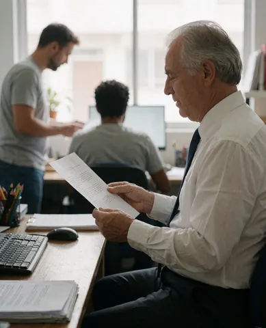 Un homme senior consulte des documents contractuels sur son bureau, entouré de collègues en arrière-plan dans un environnement professionnel lumineux et naturel.