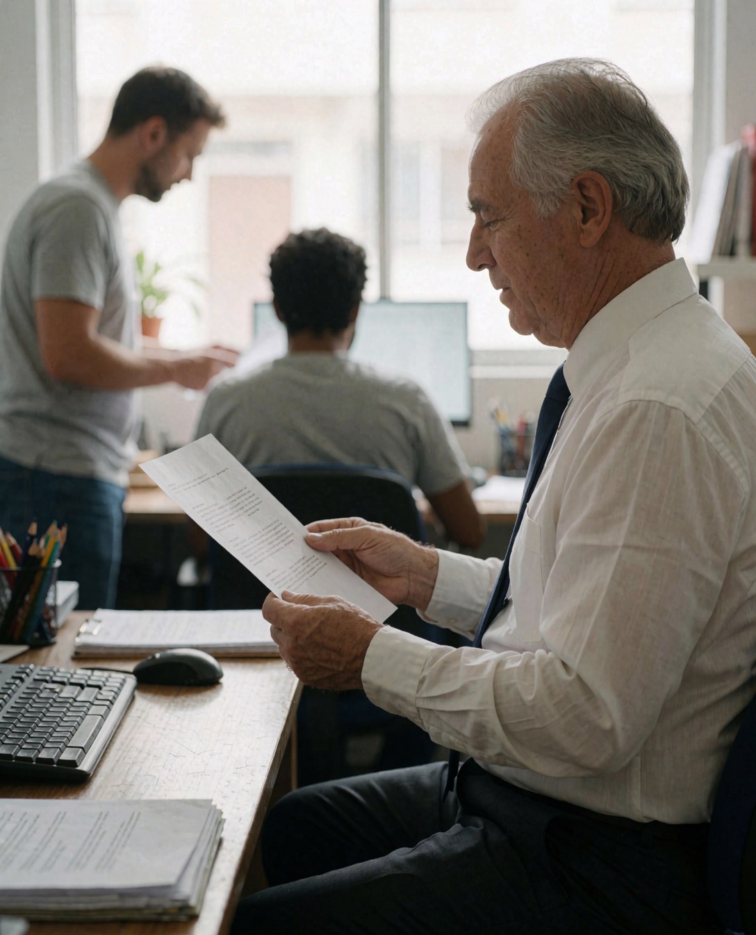 Un homme senior consulte des documents contractuels sur son bureau, entouré de collègues en arrière-plan dans un environnement professionnel lumineux et naturel.