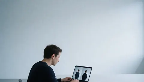 Un photographe adulte examine des images sur son laptop dans un studio minimaliste aux murs blancs et tons froids, avec de l'espace pour du texte.