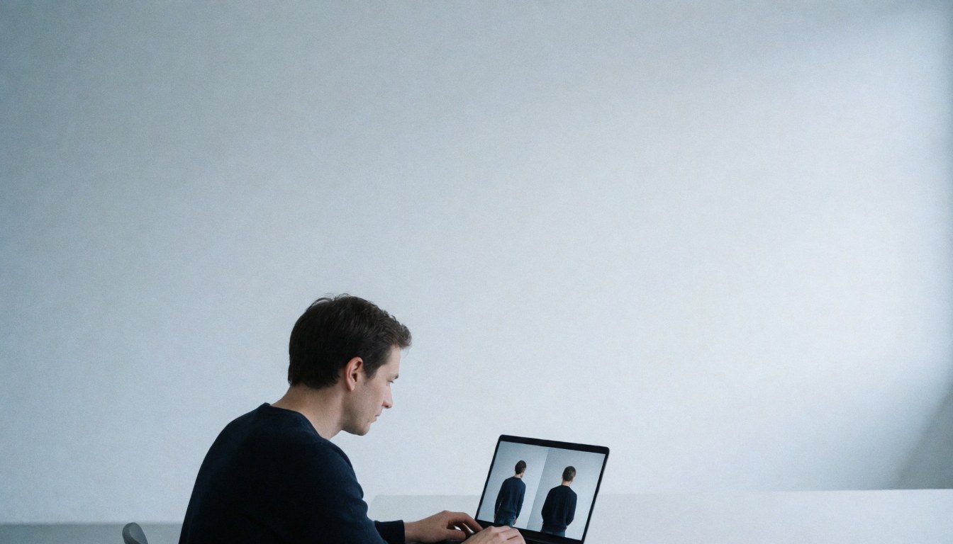 Un photographe adulte examine des images sur son laptop dans un studio minimaliste aux murs blancs et tons froids, avec de l'espace pour du texte.