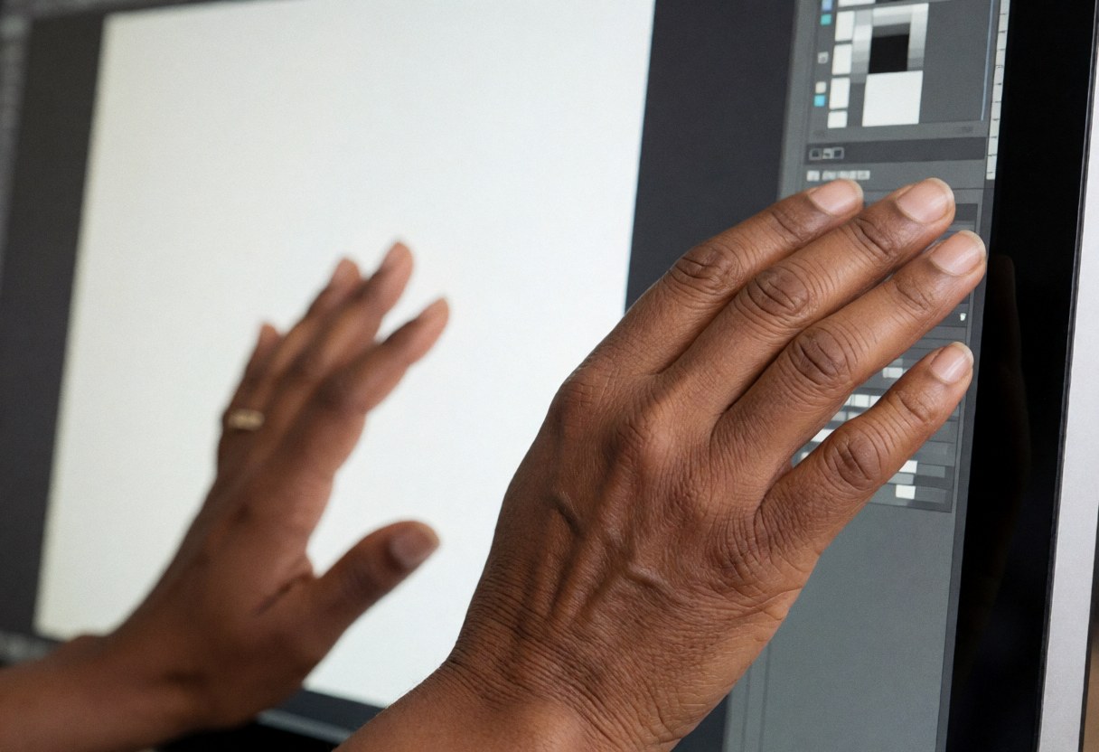 Écran d'ordinateur affichant une interface de logiciel de retouche photo pour la postproduction d'images numériques en studio.