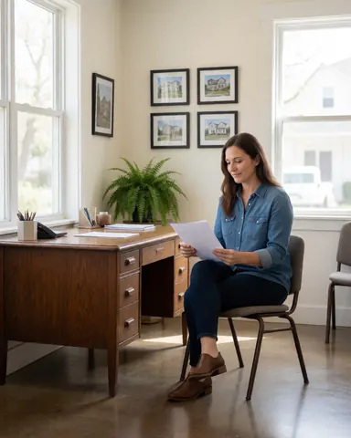 Une cliente satisfaite vérifie des papiers liés à l'immobilier sur son bureau dans un environnement de travail calme et professionnel.