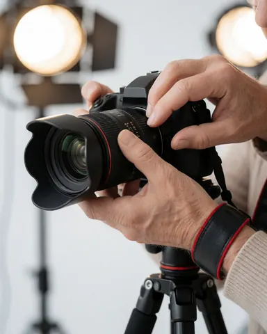 Des mains d'un photographe règlent la bague de mise au point sur un objectif monté sur un boîtier, avec des lumières et un trépied visibles en arrière-plan.