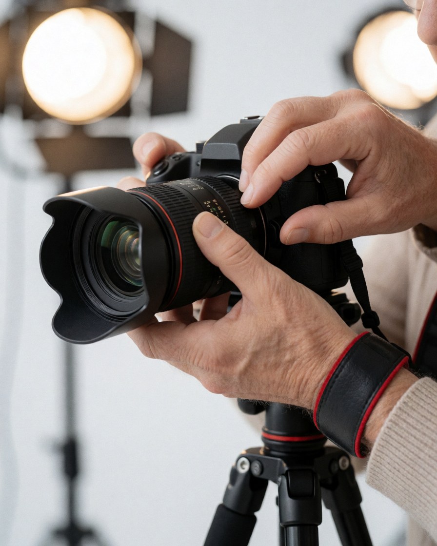 Des mains d'un photographe règlent la bague de mise au point sur un objectif monté sur un boîtier, avec des lumières et un trépied visibles en arrière-plan.