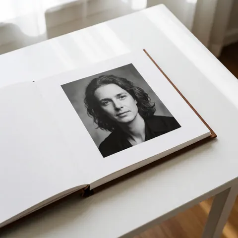 Un album photo professionnel fermé posé sur une table dans un studio avec éclairage naturel pour la livraison de produits.