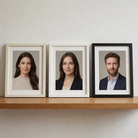 Plusieurs portraits photographiques encadrés disposés sur les étagères en bois d'un meuble de rangement, créant une présentation professionnelle et soignée.