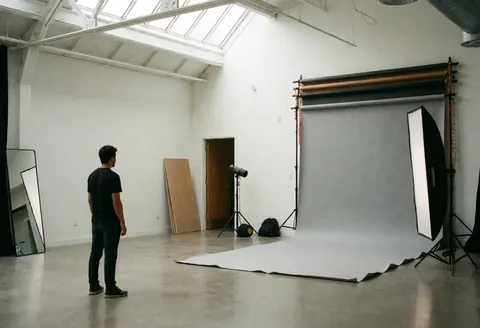 Studio photographique moderne avec fond gris, éclairage professionnel et sol poli, idéal pour des séances photos commerciales et de produit.