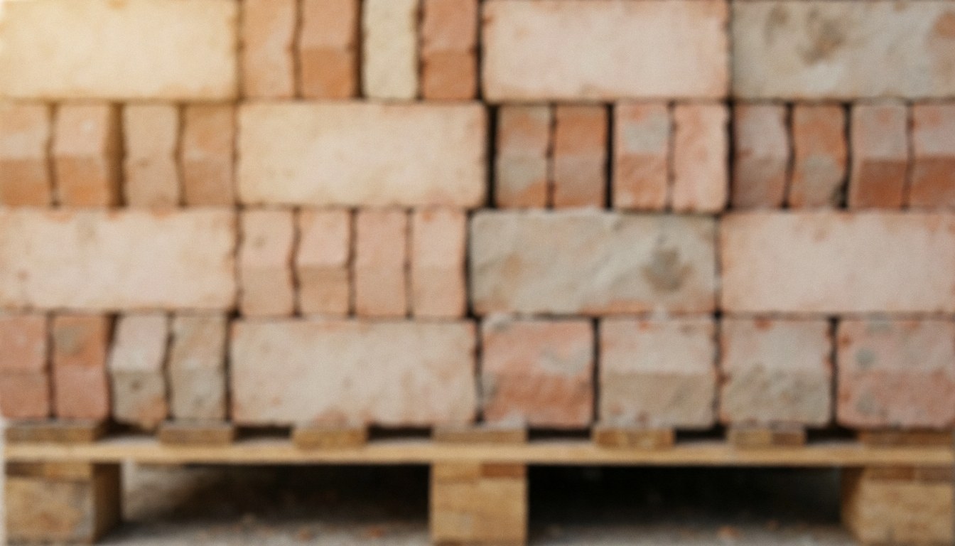 Arrière-plan texturé montrant des briques empilées sur une palette en bois, évoquant un chantier de construction avec du ciment et des matériaux de bâtiment.