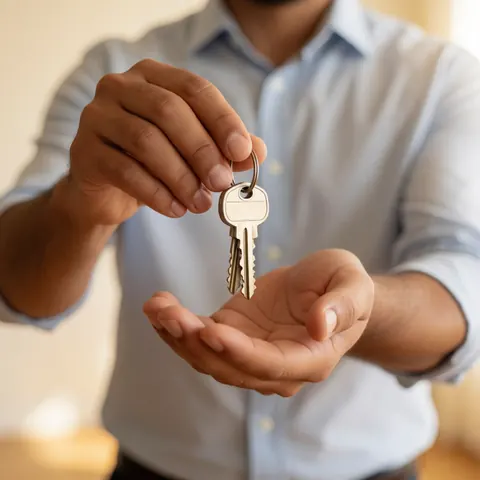 Gros plan sur une main tenant une clé, symbolisant la remise des clés lors d'une transaction immobilière.