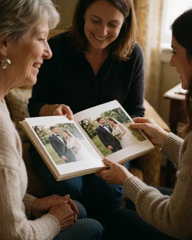Trois amies souriantes consultent ensemble un album de photos de mariage dans une pièce aux tons chaleureux, partageant des souvenirs et vivant un moment de joie.