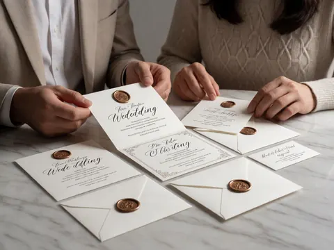 Des mains de couple examinant les détails des invitations de mariage à sceau en cire posées sur une surface en marbre blanc, évoquant luxe et élégance.