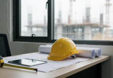 Un casque de chantier jaune repose sur des plans étalés sur un bureau d'ingénieur, accompagné d'une tablette et d'un mètre ruban, avec une vue sur un chantier en arrière-plan.