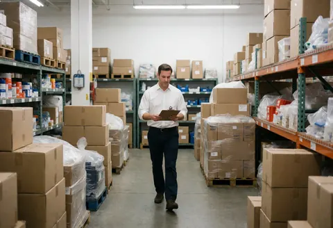 Un gérant marche dans un entrepôt de plomberie, tenant un porte-documents, entouré d'étagères remplies de boîtes et de produits, sous un éclairage fonctionnel.