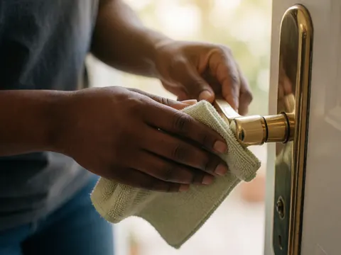 Des mains effectuant un travail de nettoyage et de polissage sur des accessoires métalliques pour portes ou meubles, mettant en valeur le détail et la finition.