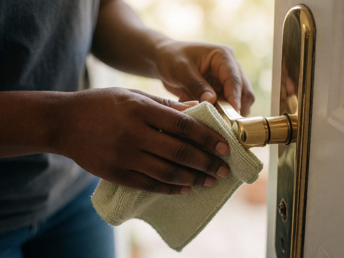 Des mains effectuant un travail de nettoyage et de polissage sur des accessoires métalliques pour portes ou meubles, mettant en valeur le détail et la finition.