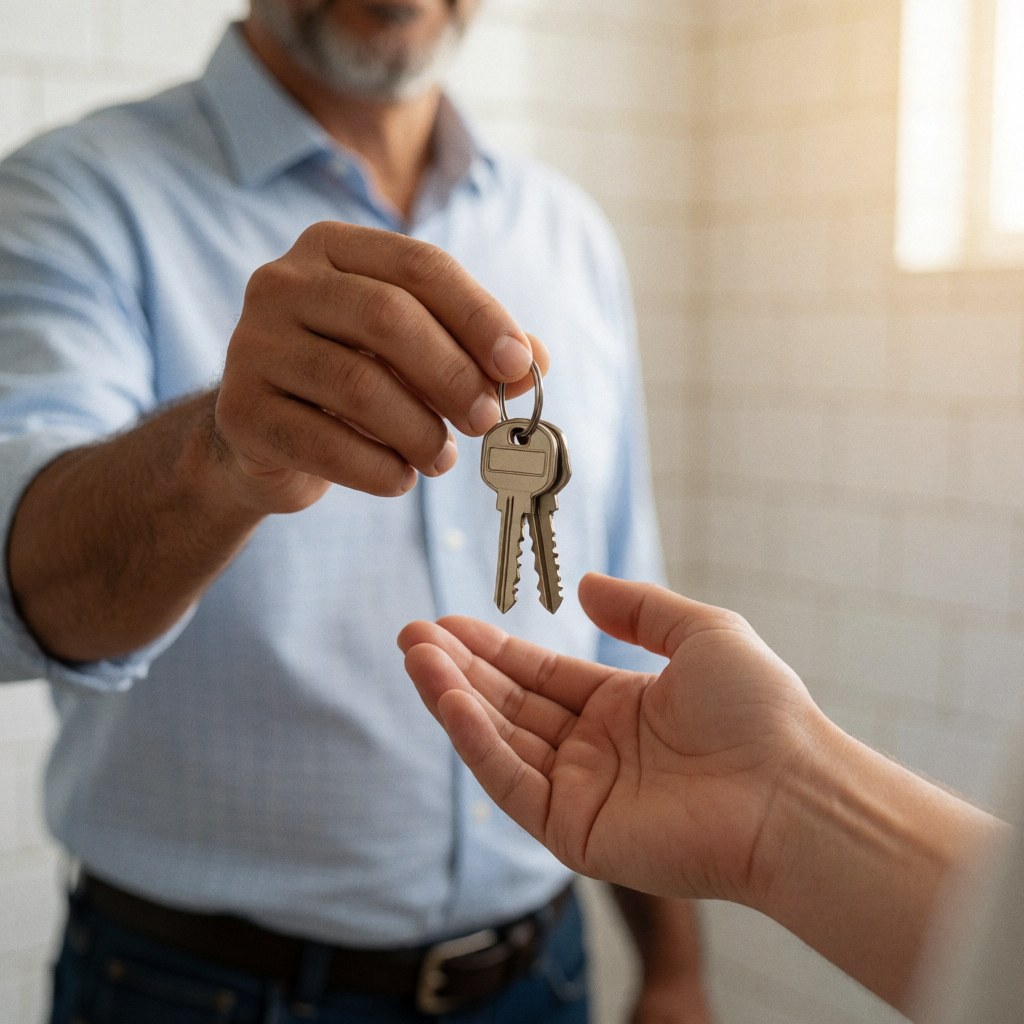 Un homme tend une clé à un client lors de la remise des clés d'un logement terminé, symbolisant la fin d'une transaction immobilière.