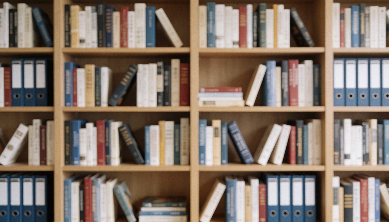 Des étagères en bois chargées de livres et de dossiers sur fond doux aux tons neutres, idéal pour du texte lié au conseil et à la stratégie.