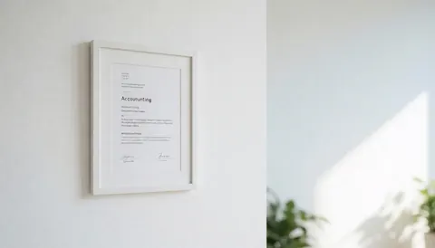Certificat de comptabilité encadré sur un mur blanc avec éclairage naturel et espace vide à droite pour texte, ambiance professionnelle et minimaliste.