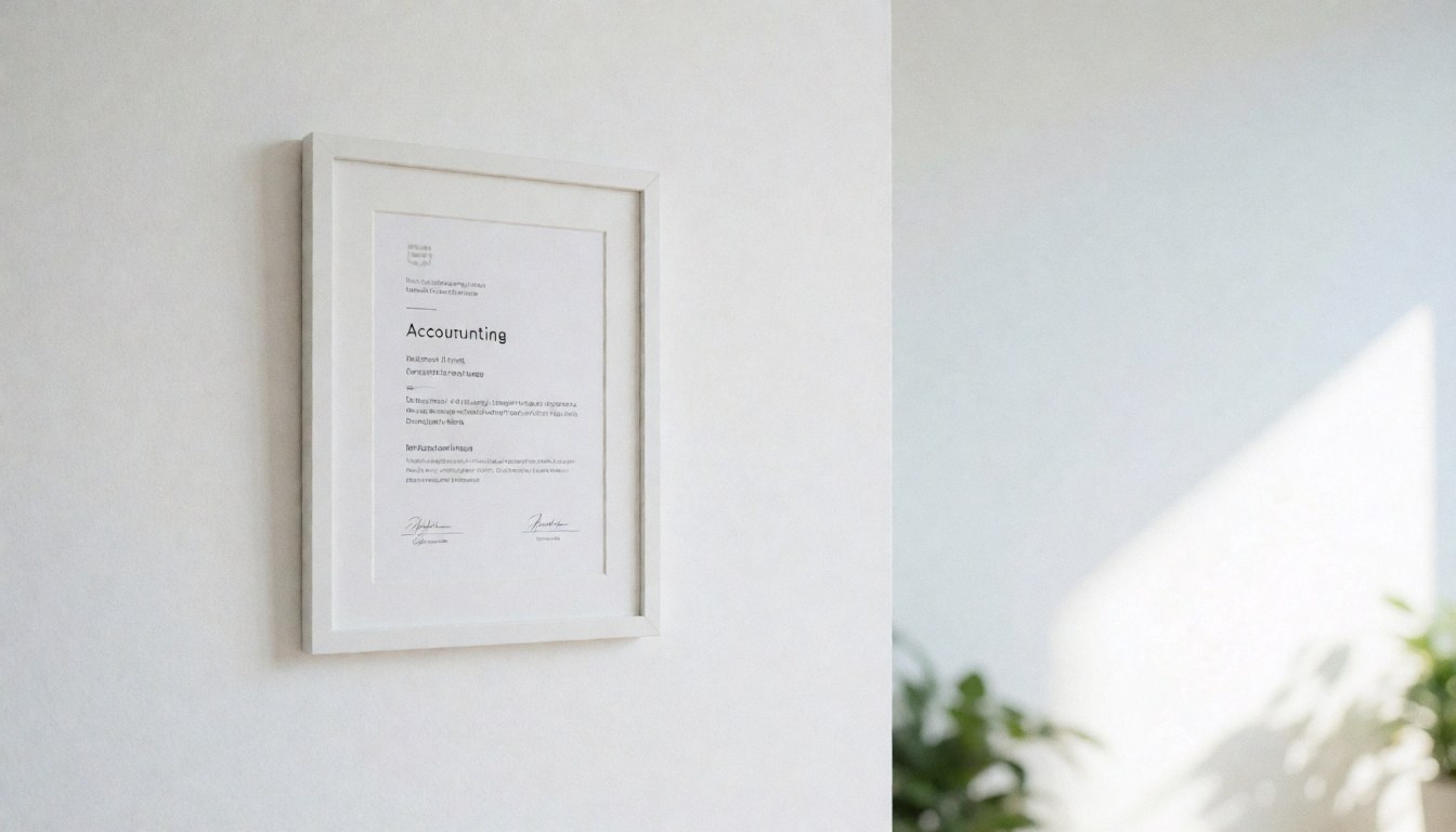 Certificat de comptabilité encadré sur un mur blanc avec éclairage naturel et espace vide à droite pour texte, ambiance professionnelle et minimaliste.