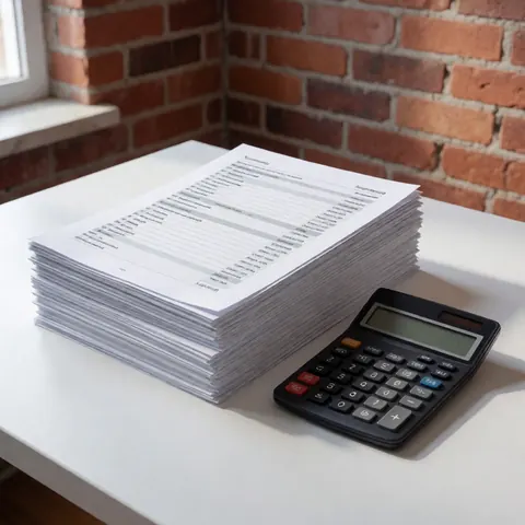 Une pile de documents financiers et une calculatrice noire posés sur un bureau blanc devant un mur de briques rouges éclairé par la lumière naturelle.