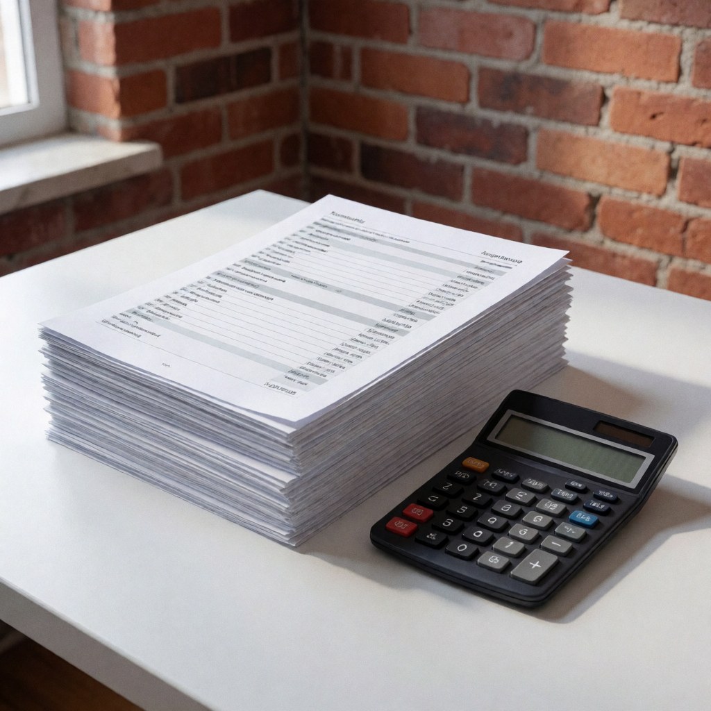 Une pile de documents financiers et une calculatrice noire posés sur un bureau blanc devant un mur de briques rouges éclairé par la lumière naturelle.