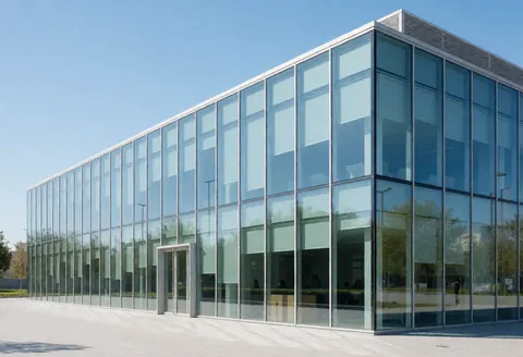 Façade contemporaine d'un immeuble de bureaux en verre reflétant le ciel bleu, situé dans un quartier professionnel.