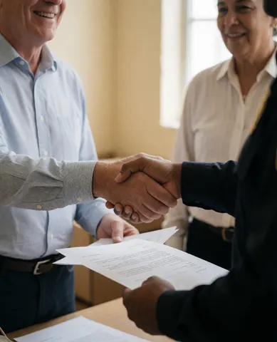 Une femme souriante signe un document de contrat en présence d'un agent de sécurité dans un bureau professionnel, mettant en avant la confiance et le sérieux.