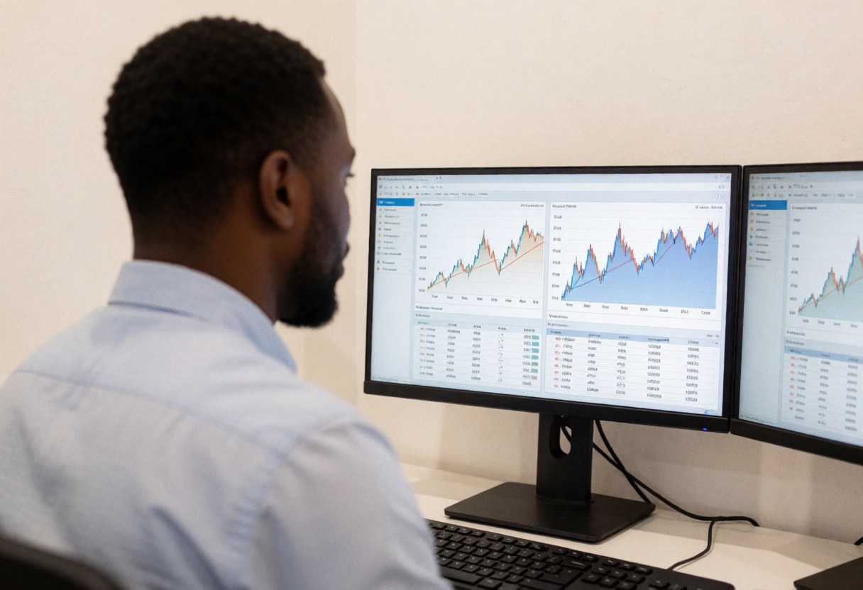 Un consultant professionnel examine des graphiques et des tableaux de bord financiers sur un bureau moderne avec plusieurs moniteurs.