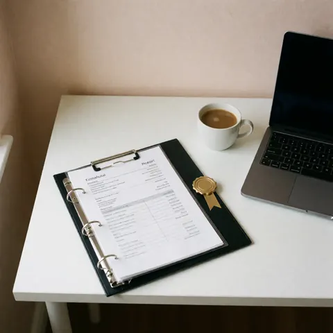 Rapport financier dans un classeur avec sceau doré, laptop et tasse de café sur bureau blanc, ambiance professionnelle et propre.