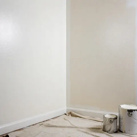 Mur intérieur peint avec une toile et de la peinture, finition professionnelle idéale pour la construction et la rénovation d'espaces.