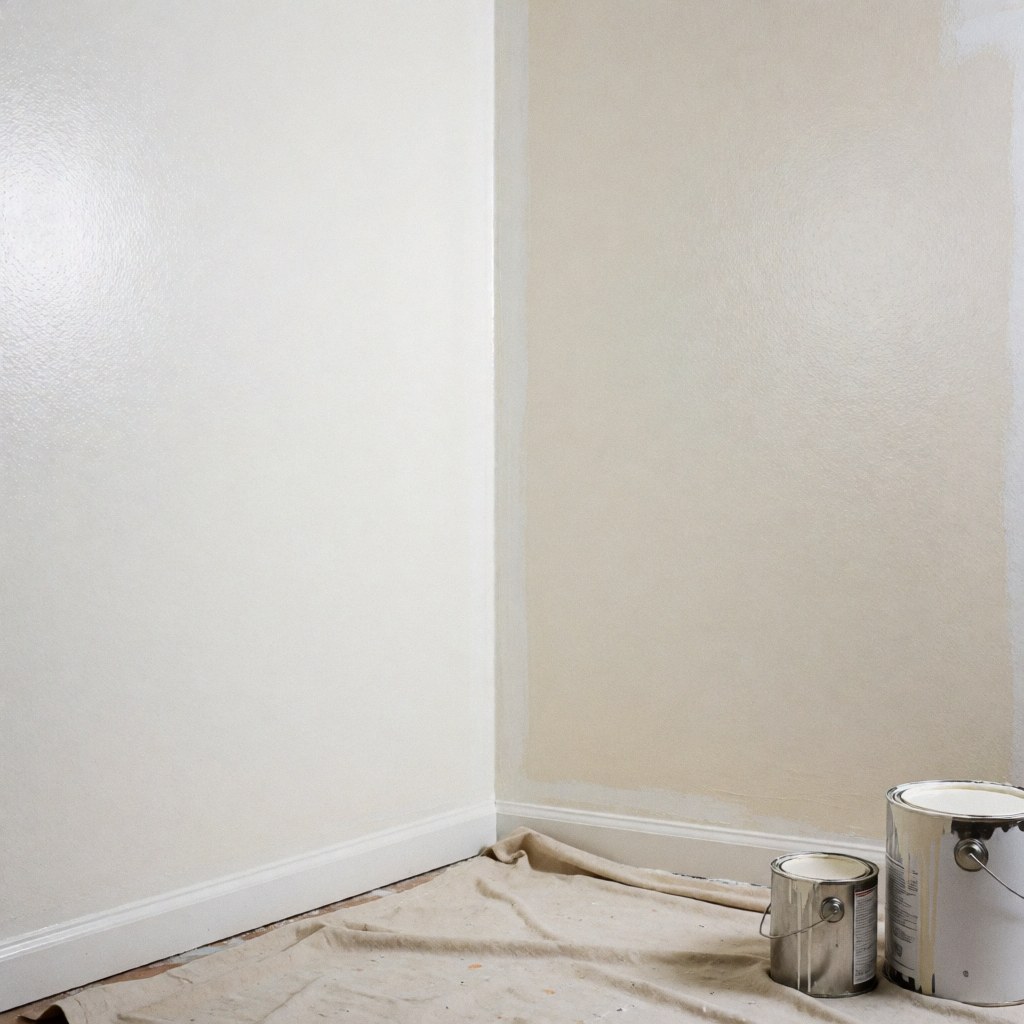 Mur intérieur peint avec une toile et de la peinture, finition professionnelle idéale pour la construction et la rénovation d'espaces.