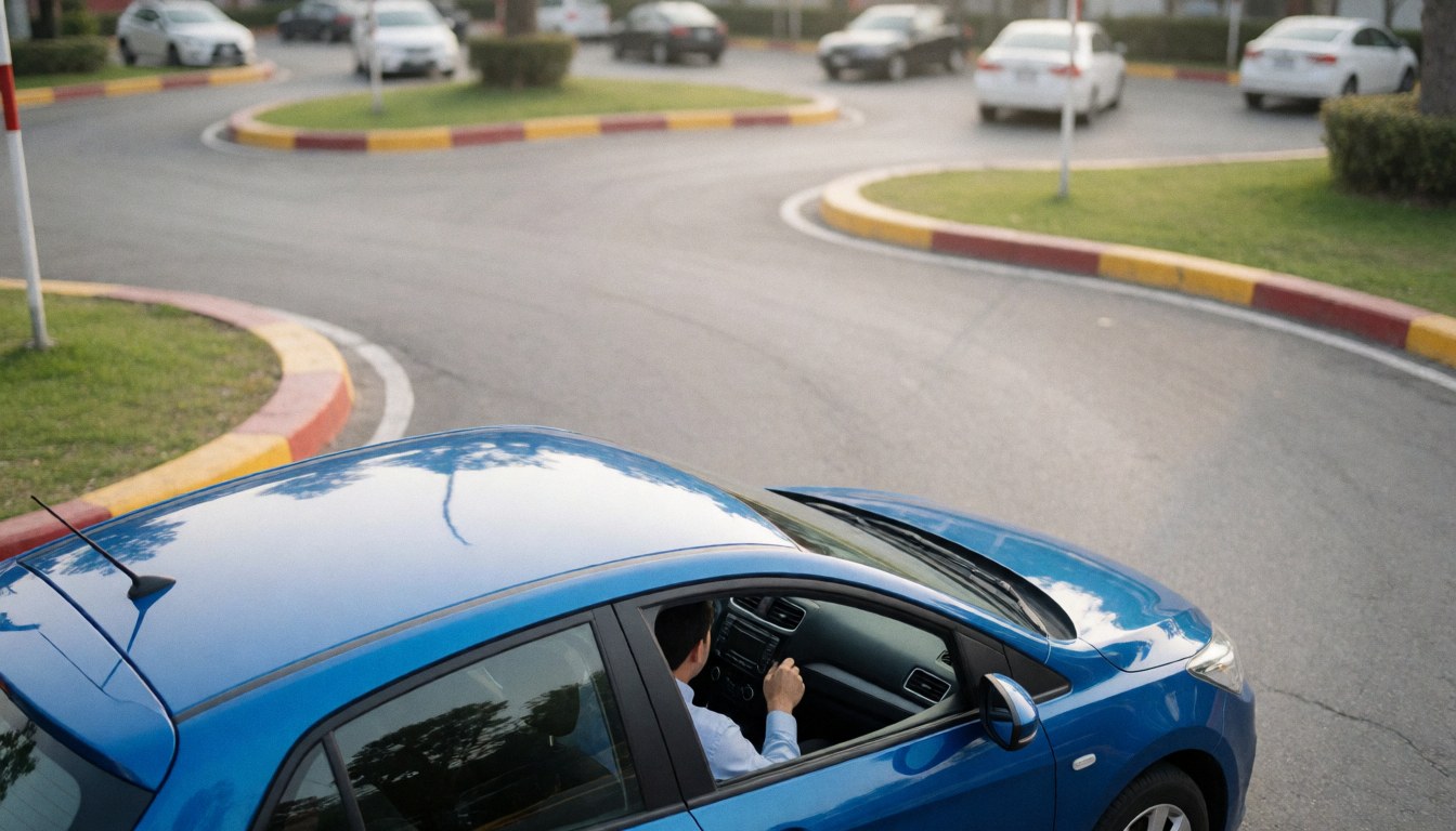 Une voiture bleue avec un instructeur au volant sur une piste de conduite sinueuse, avec d'autres véhicules en arrière-plan sous un ciel clair.
