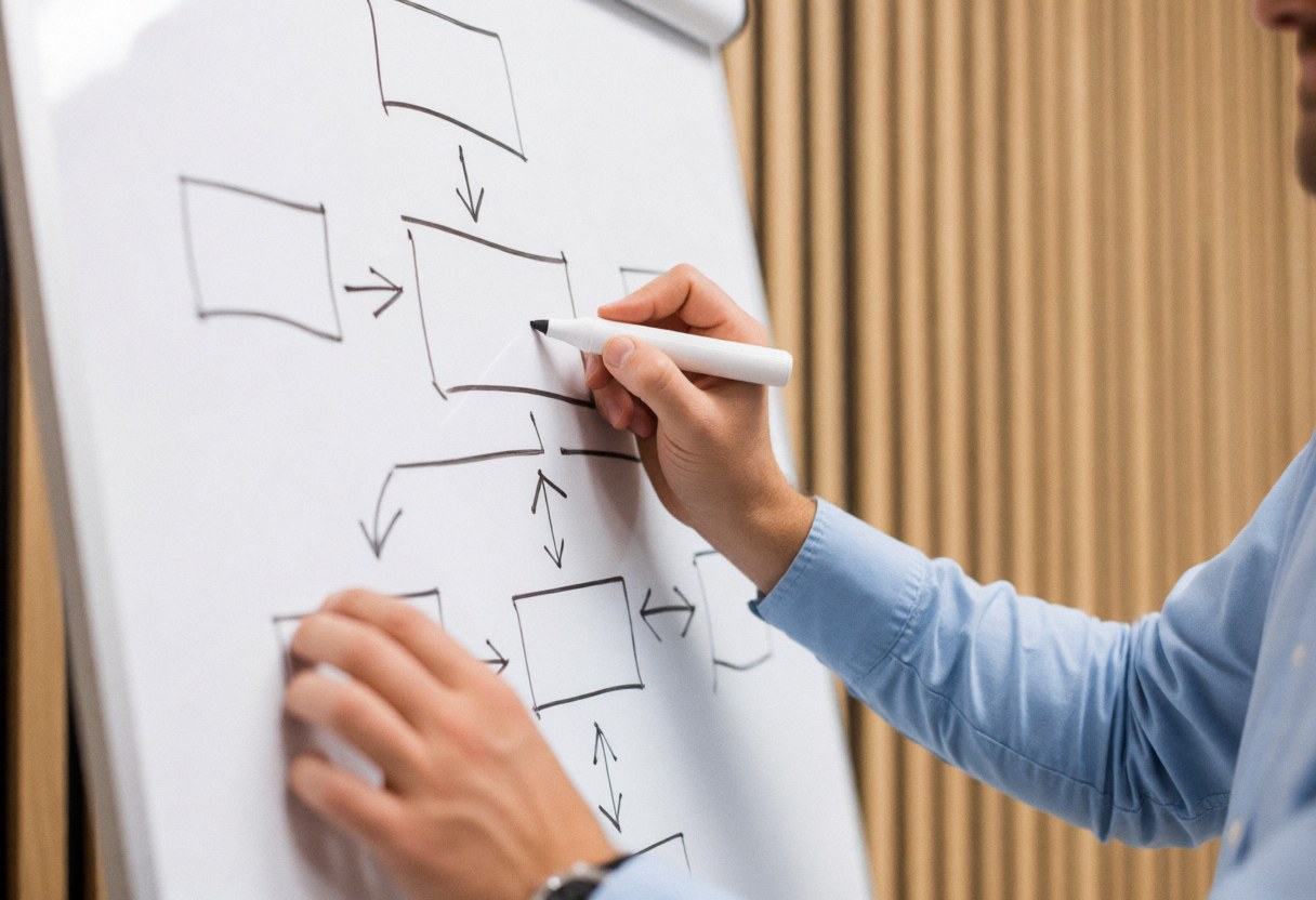 Un professionnel trace un diagramme de flux stratégique sur un tableau blanc avec un marqueur dans un bureau au fond bois flou.