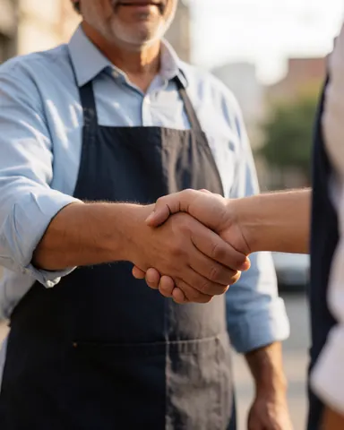 Un client satisfaisant serre la main d'un instructeur dans un cadre professionnel, symbolisant la confiance et le succès de la formation.