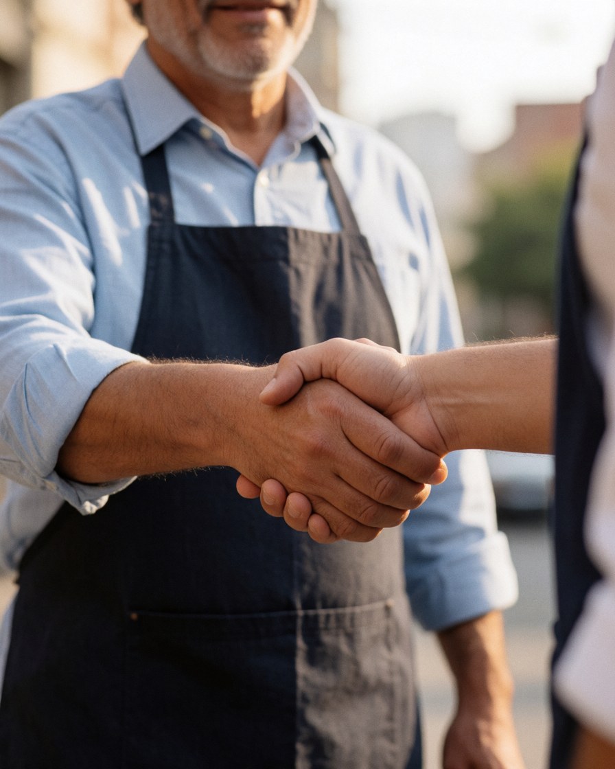 Un client satisfaisant serre la main d'un instructeur dans un cadre professionnel, symbolisant la confiance et le succès de la formation.