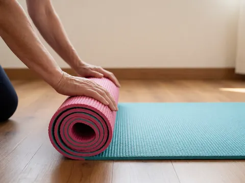 Un tapis de yoga déployé à plat sur une surface en bois clair, mettant en valeur la texture et le grip du matériel pour le bien-être.