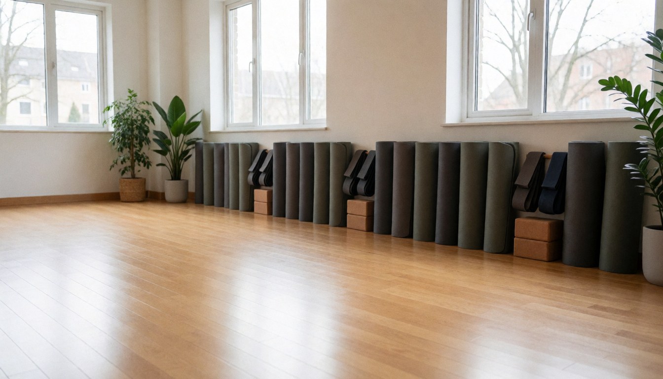 Espace de yoga lumineux aux sols en bois, fenêtres, plantes vertes, couvertures roulées, blocs et sangles disposés dans un intérieur minimaliste.