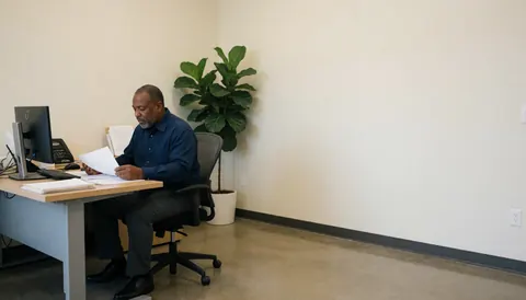 Un homme professionnel vérifie des papiers sur un bureau moderne avec ordinateur et téléphone, dans un espace lumineux aux murs clairs et au sol poli.