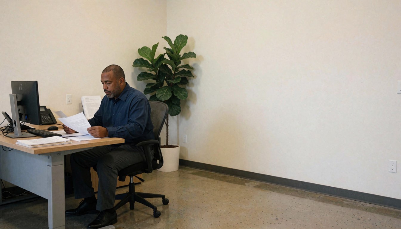 Un homme professionnel vérifie des papiers sur un bureau moderne avec ordinateur et téléphone, dans un espace lumineux aux murs clairs et au sol poli.