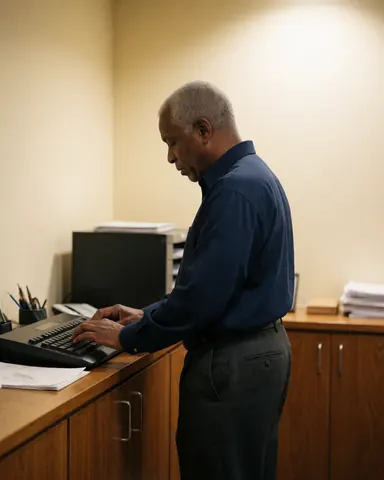 Un homme senior travaille attentivement sur un ordinateur posé sur un bureau en bois dans un bureau aux murs clairs.